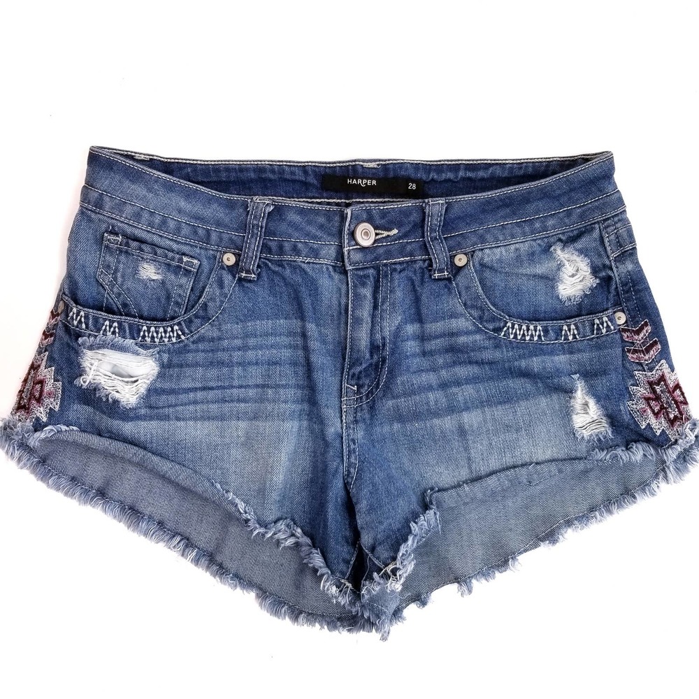 Harper Embroidered Distressed Jean Shorts Size 28
